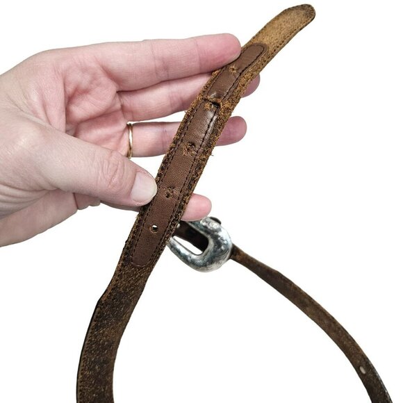 Tony Lama Rustic Leather Belt‎ Embossed Heart Concho Accents Silver Buckle sz 30 - Picture 7 of 14